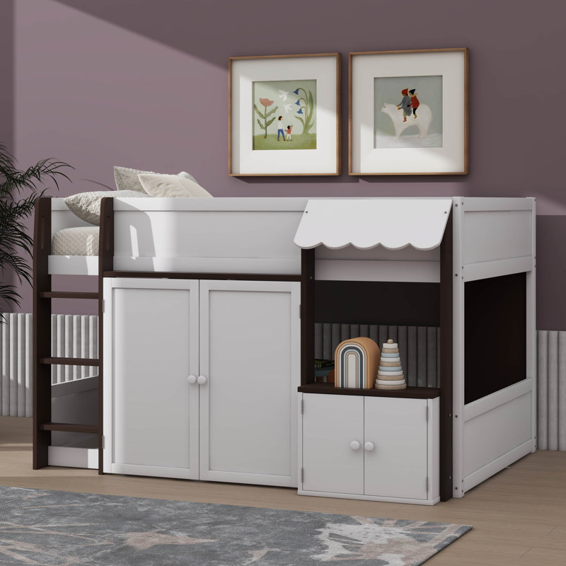 Lit mezzanine double moderne en bois avec maisonnette intégrée et grand rangement, adapté aux enfants et aux adolescents