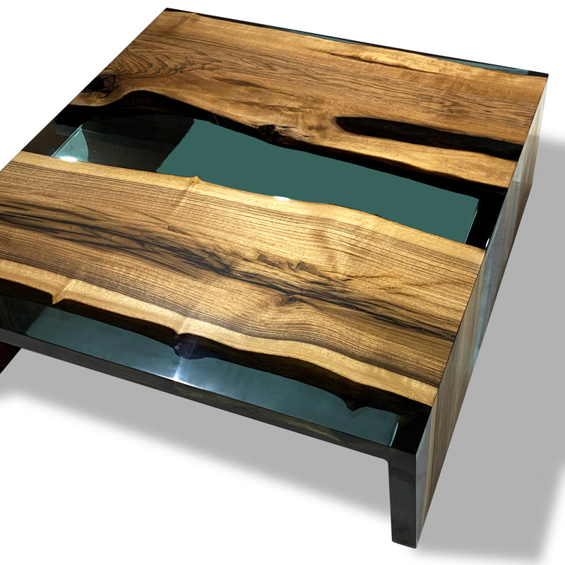 Table basse traîneau, H 13,7 po x L 39,4 po x l 39,4 po, Bois naturel / turquoise