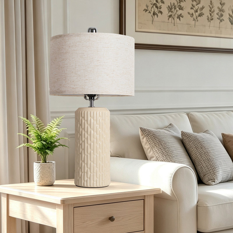 Lampe de table 21 po moderne en céramique texturée avec abat-jour en lin, Jaune pâle