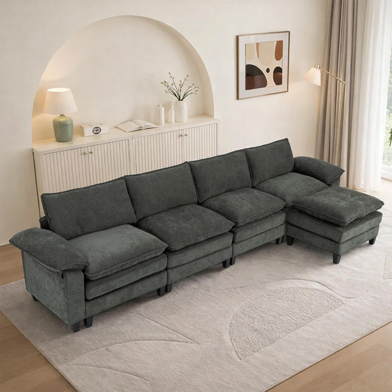 Canapé d'angle rembourré avec 1 repose-pieds, Tissu gris, H 37,4 po x l 146,5 po x P 61 po