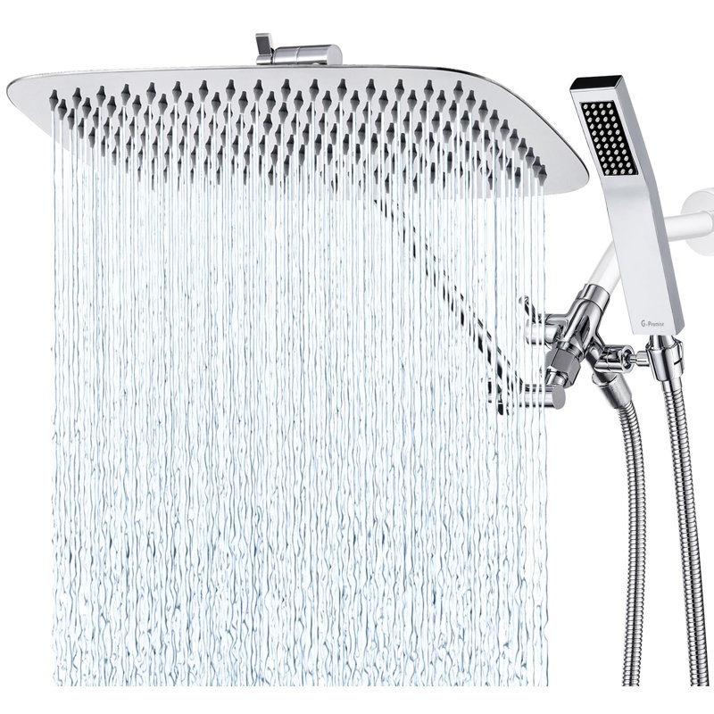 16" Dual Square Shower Head Combo, Rain Shower Head, 3-Way Diverter, 71" Extra Long Hose, Chrome