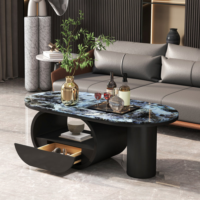 Solid Coffee Table with Storage, Blue/Black