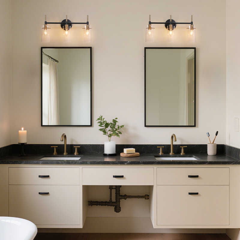 3-Light Dimmable Transparent Glass Modern Vanity Light, Matte Black/Gold, 3 Light