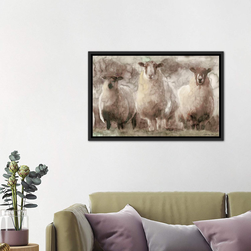 Trois moutons - reproduction d'art, H 26 po x l 40 po x 1,5 po, Toile avec cadre noir patiné
