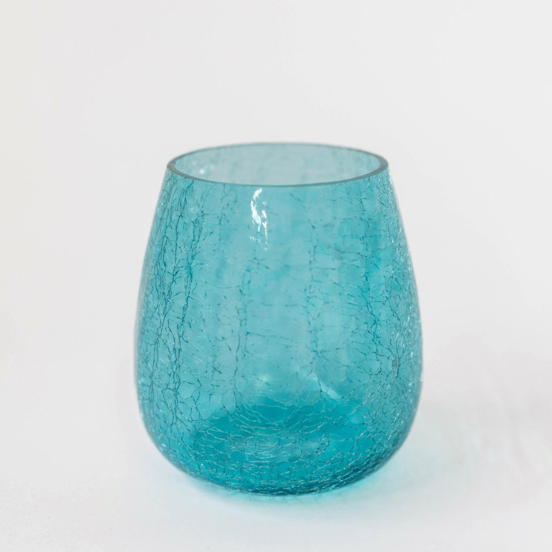 Crackled Glass Candle Holder, Blue, 4" H x 3.50" W x 3.50" D
