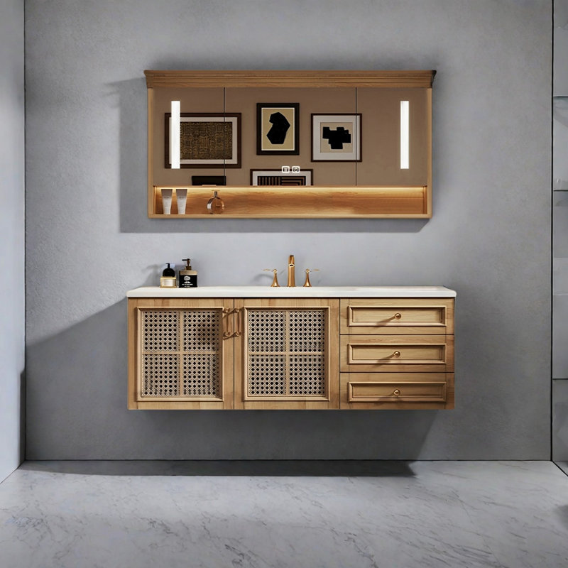 Retro-style rattan bathroom cabinet, 21.65" H x 51.18" W x 21.65" D