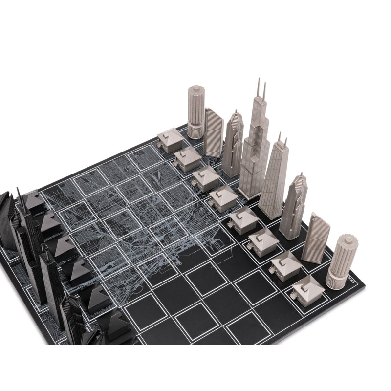 Stainless Steel CHICAGO Chess Set with Wood Map Board