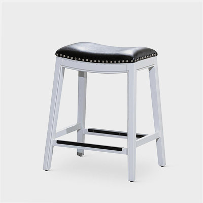 Tabouret de bar 24 po avec finition blanche et siège en cuir noir
