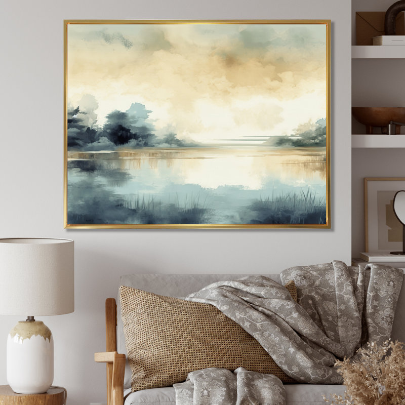 Misty Lake Tranquility Retro Watercolor I - Lake Wall Art Prints, Cadre flottant doré, H 12 po x l 20 po x P 1 po