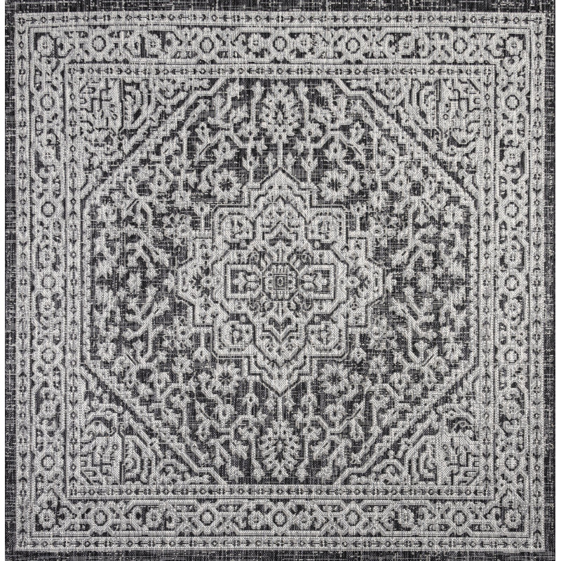 Moten Medallion Textured Weave Gray/Black Indoor/Outdoor Rug, Square 9'