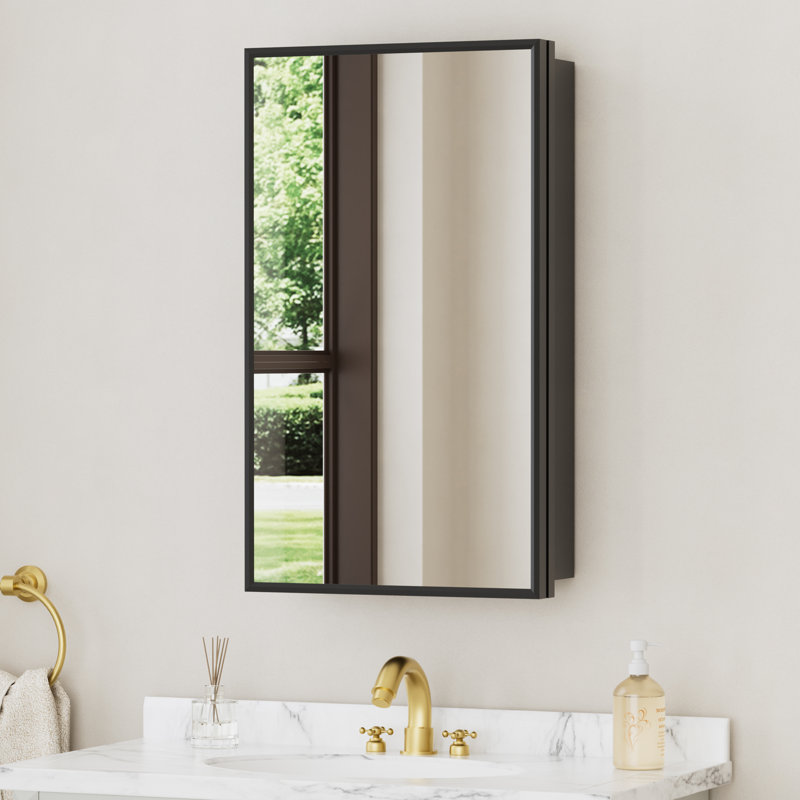 Elise 14 In.w X 24 In. H Rectangular Aluminum Medicine Cabinet With Mirror,wall/recessed,adj. Glass Shelves, Matte Black