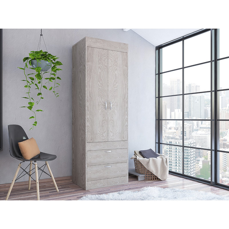 Armoire, tringle, porte double, deux tiroirs, poignées en métal, Blanc