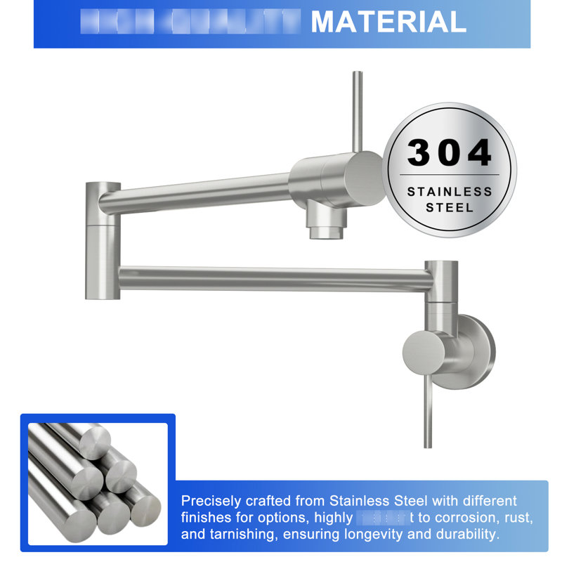 Brushed Nickel Wall Mounted Pot Filler Faucet, Single Hole Installation, Two Handles, 360 Rotatable, Foldable Arm For Kitchen Filling And Space Saving Mount, Nickel, Rotation, Design To Save