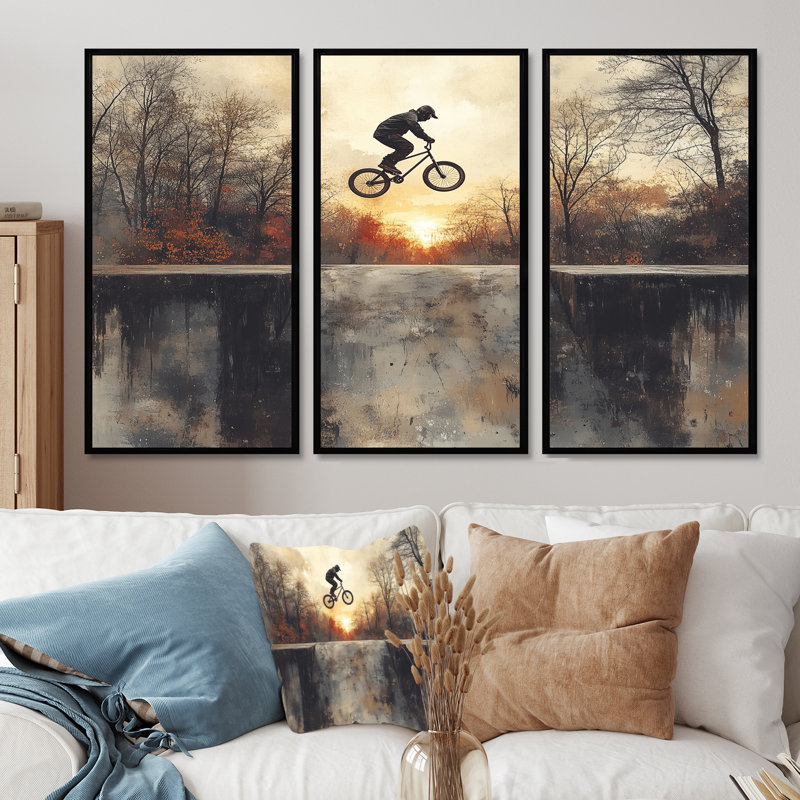«Black Street Bmx Bike Tricks - Cycling», ensemble d'art mural, Toile avec cadre flottant noir, H 32 po x l 48 po x P 1 po