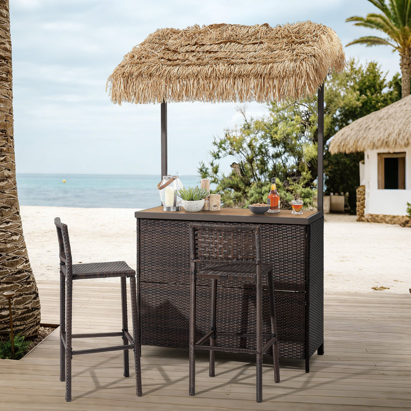 3-Piece All-Weather Wicker Outdoor Tiki Bar Set With 2 Height Stools, Storage Shelves & Wind-Resistant Canopy, Patio Bar Set For Garden, Backyard, Outdoor Leisure