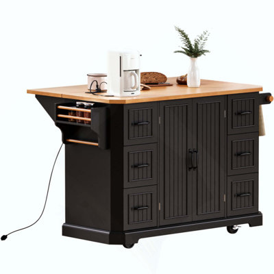 Kitchen Island With Rubber Wood Veneer Drop Leaf, Power Outlet, 4 Door Shelves, Embossed Vertical Stripe Rolling Kitchen Cart On 4 Wheels With 6 Deep Drawers For Kitchen, Dining Room