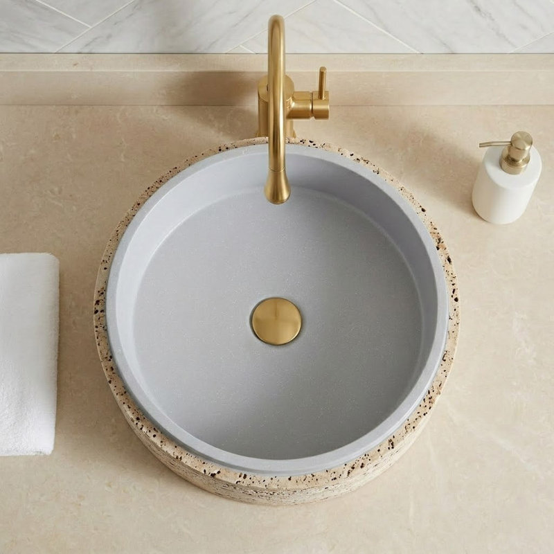 Lavabo de salle de bain vasque 16 "à surface solide ronde en gris mat avec extérieur texturé d'aspect travertin