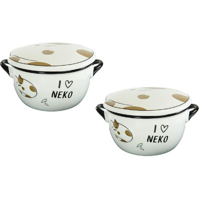 Ebros, lot de 2 grès porcelaine, dessin animé, maneki neko, chat, nouille, miso, soupe, riz, bols de nourriture avec couvercle et poignées latérales, 25 oz, enfants, enfants, bol de service