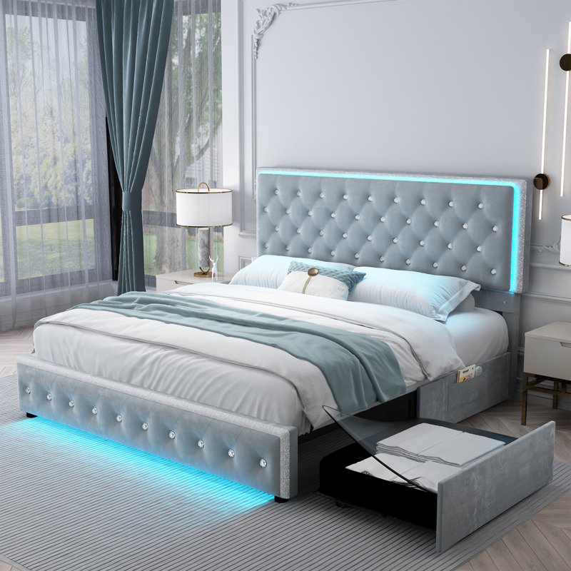 Kendrall Upholstered Platform LED Bed Frame with 2 Storage Drawers, Gray, Queen