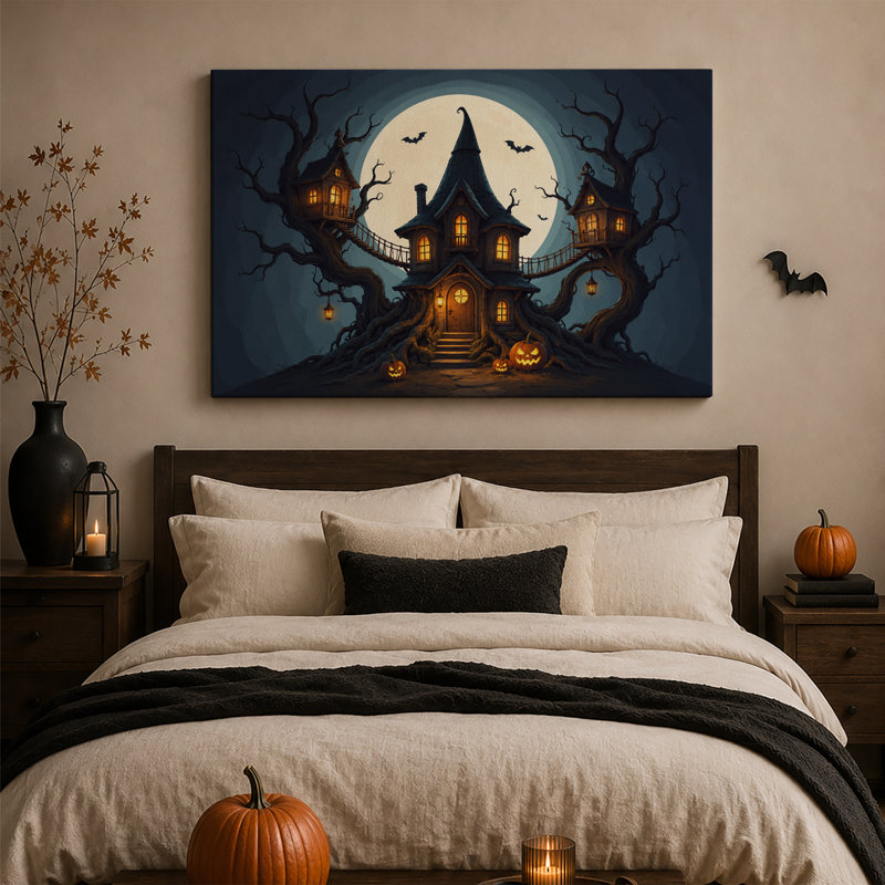 «Spooky House with Glowing Windows And Pumpkins», art mural sur toile, H 36 po x l 48 po