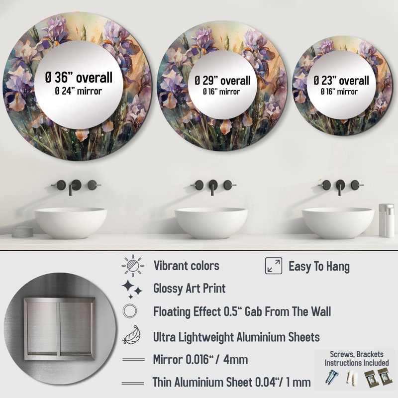 Poulia mauve, vert, sauvage, Iri S II - miroir à iris, miroir mural rond traditionnel, 23 po x 23 po