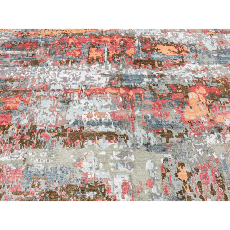Tapis gris en laine et en soie à motif abstrait 9 pi 10 po x 13 pi 8 po 711F1B595F5F4D78BFA8ED47E02B6623
