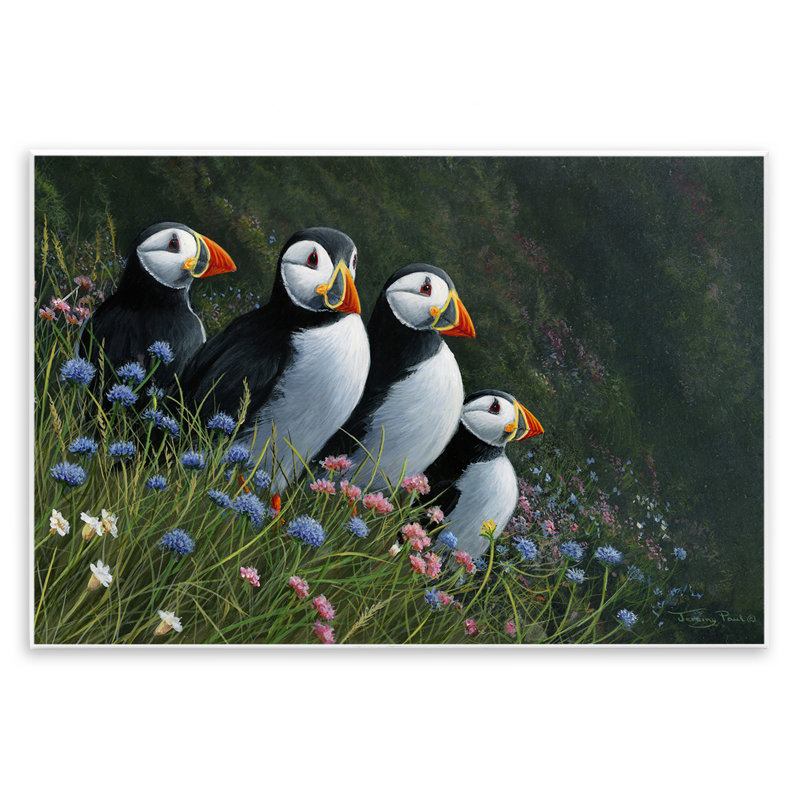 Plaque murale Puffins & Wild Flowers, design par Jeremy Paul, H 13 po x l 19 po