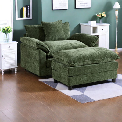 Fauteuils d'appoint surdimensionnés, structure en bois et chenille verte, salon moderne