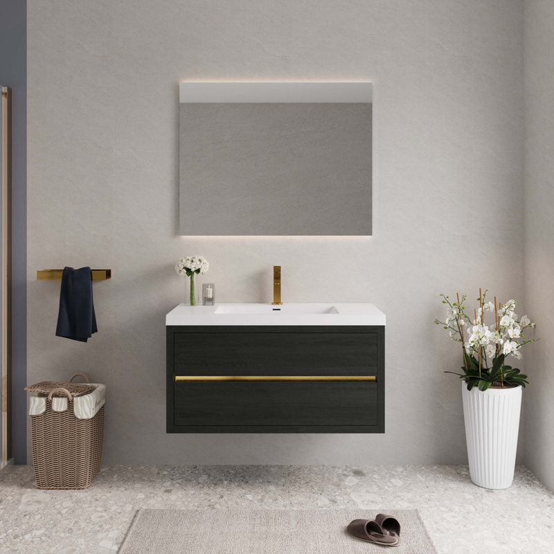 Meuble-lavabo mural 42 po avec lavabo, meuble de rangement mural avec lavabo à surface solide et tiroirs à fermeture en douceur 42 po