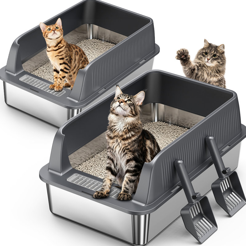 Bac à litière pour chat en 2, acier inoxydable pour une utilisation à long terme et résistance aux odeurs, abdos à côtés hauts pour garder l'urine à l'intérieur, surface lisse antiadhésive, essuyage rapide sans effort, avec rangement pratique pour crochet,