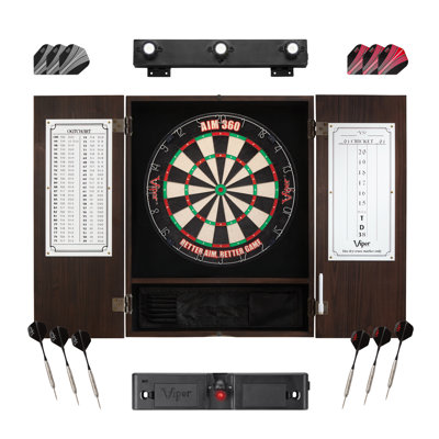 Viper AIM 360 Dartboard, Metropolitan Espresso Cabinet, Throw Line Light, Dartboard Lights, And Darts With Spare Flights
