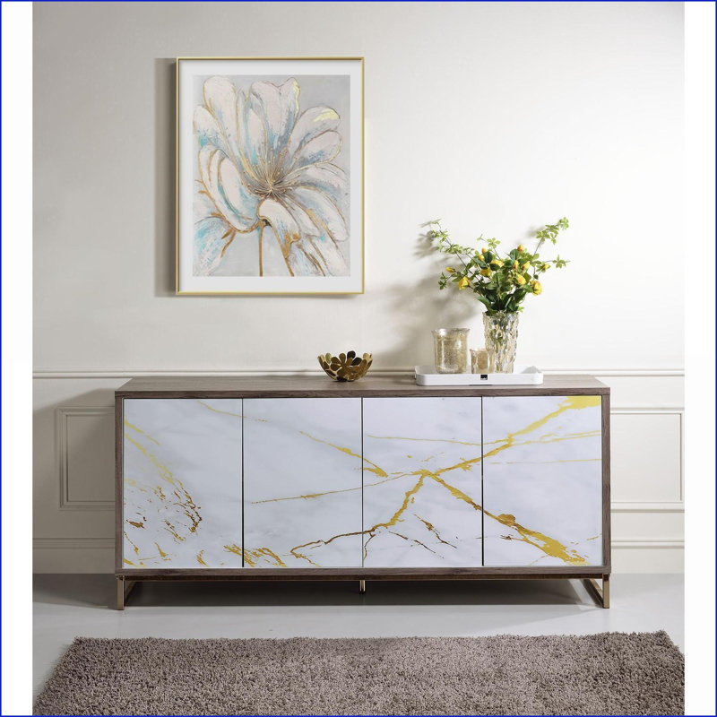 Console Cabinet White Marble Paint Oak &amp; Champagne Finish | 4 Compartments | Contemporary | Synthetic Wood