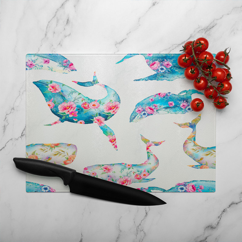 Whale With Flowers Glass Chopping Board, 40cm L x 28cm W