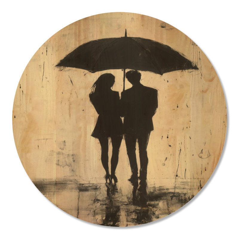 Sous un même parapluie - Décoration murale ronde en bois noir pour couple, Rond 23 po, Rond