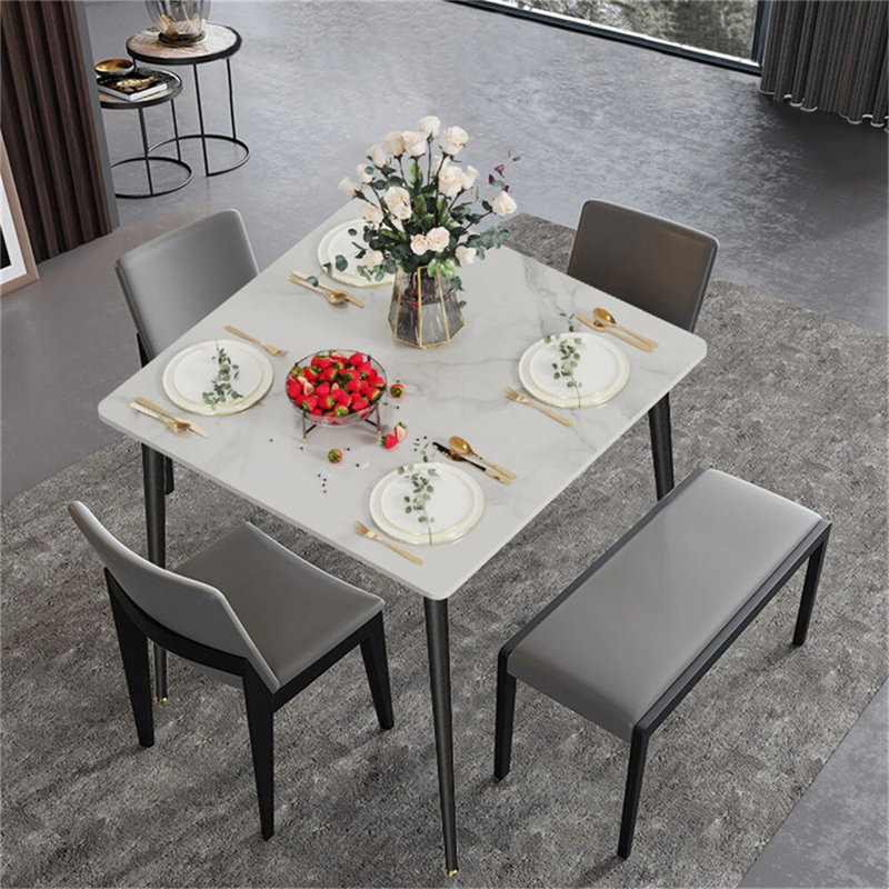 Annagh Stone Top Metal Base Dining Table, Gloss White, 29.9"H x 31.5" L x 31.5" W
