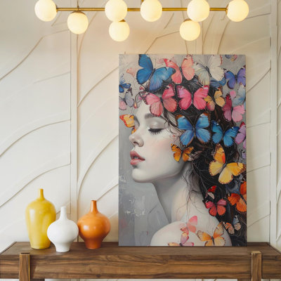 Canvas Wall Art Surreal Butterfly Transformation Canvasgrayscale Woman With Vibrant Butterflies Ready To Hang Gallery Wrapped Home Decor