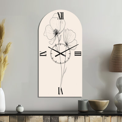Fleur dessinée dans le silence I - Horloge murale minimaliste en métal en forme d'arche