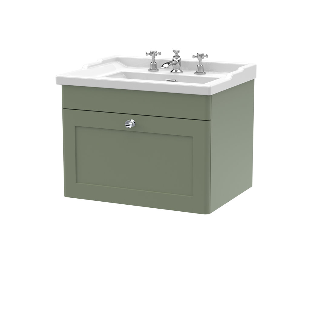 B&Q -  Classique Wall Hung 1 Drawer Vanity Unit & 3 Tap Hole Fireclay BasinStylish Sink Vanity Unit In Satin Green With White - Image 3