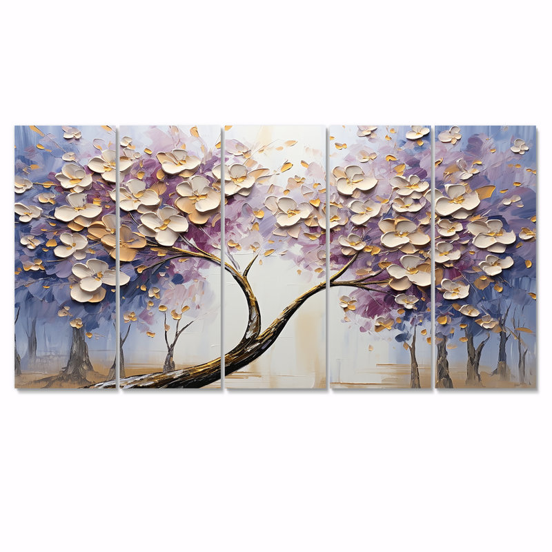 «Tree Blossoming With White Flowers I», ensemble de 5 décorations murales florales, H 28 po x l 60 po