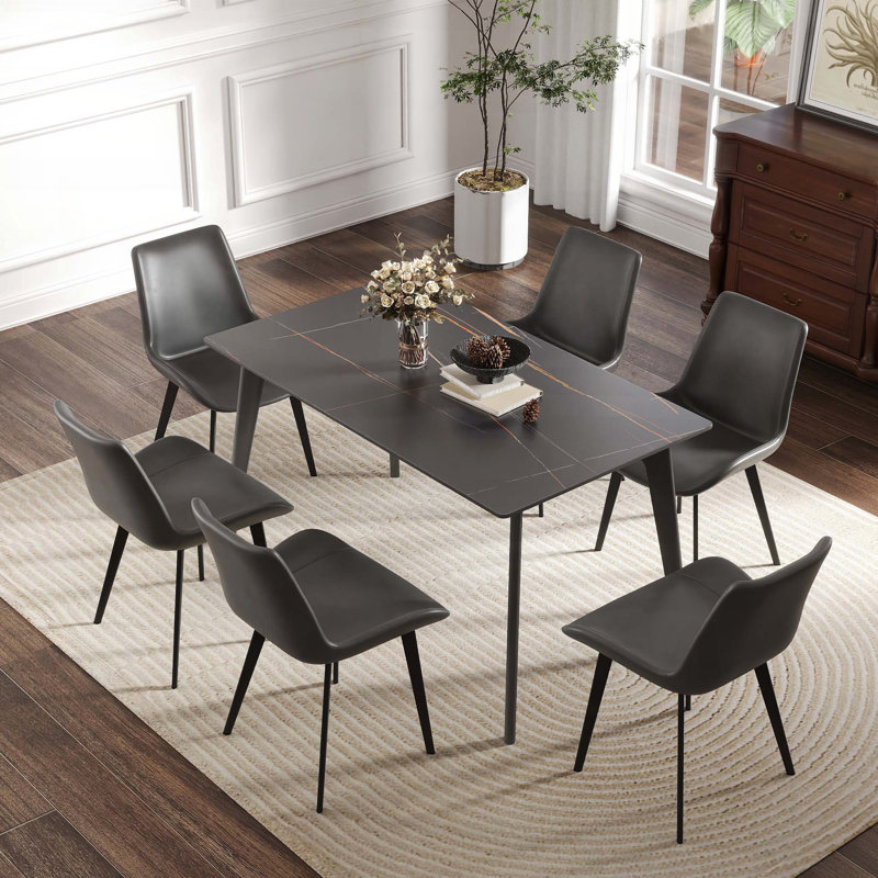 Table de salle à manger 55,12 po en pierre artificielle pour 6 personnes - noir avec pieds gris foncé, Noir