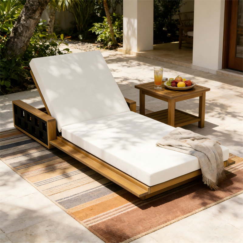 Modern Coastal Acacia Wood Chaise Lounge With Rope Accents And Adjustable Backrest, Cream