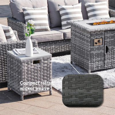 Ensemble de conversation modulaire 5 pièces avec foyer d'extérieur 5 pièces: P 72 po x l 29,14 po x H 30,7 po, rotin PE et polyester imperméable, 5 pièces, ensemble de conversation avec table d'extérieur au propane, gris, 55 000 BTU
