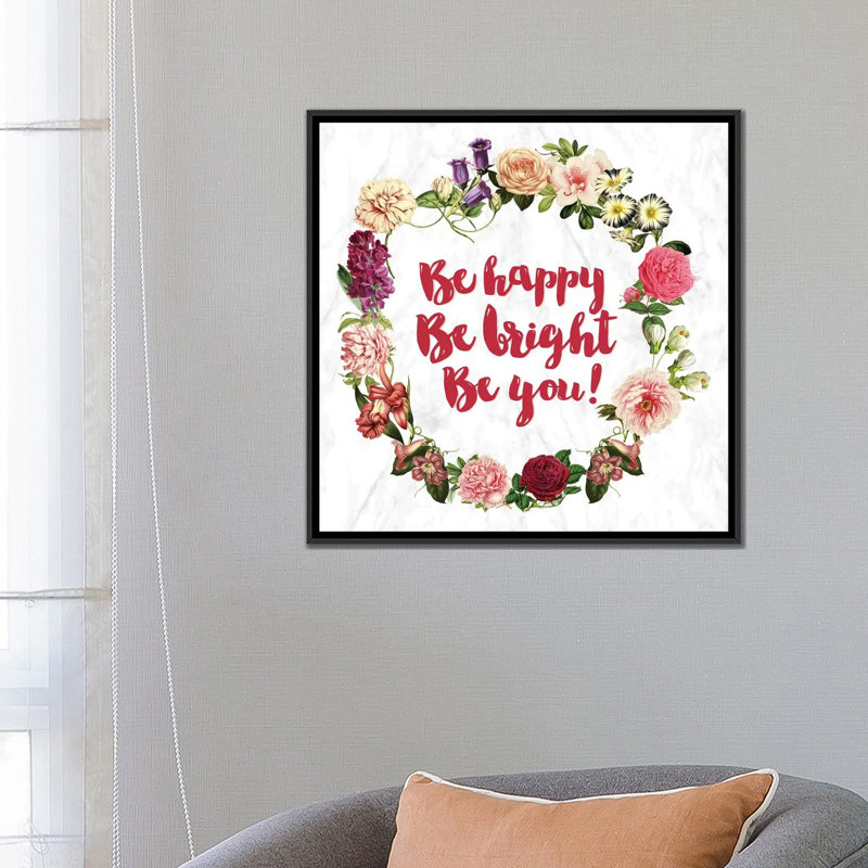 «Be Happy», impression sur toile, H 18 po x l 18 po x P 1,5 po, Toile encadrée noire, Pas de tapis