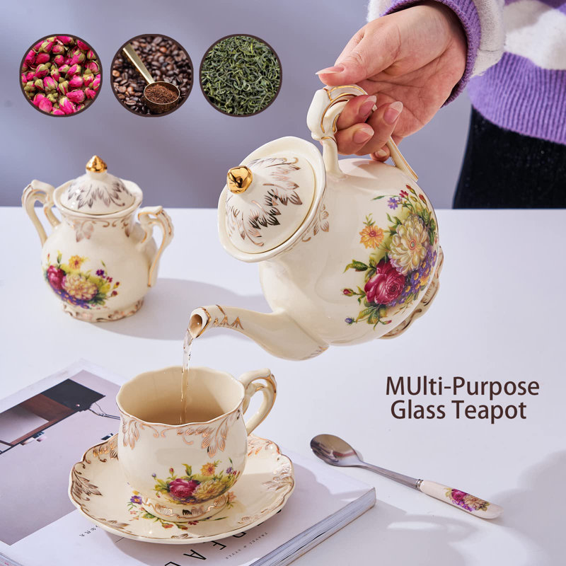 Ensemble de 6 tasses à thé et soucoupes 8 oz, 6 tasses à thé en céramique ivoire et tasses à café avec support doré