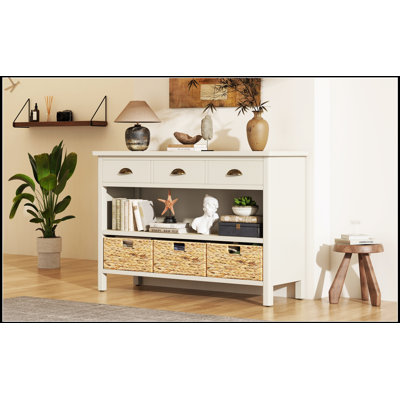 Console rétro avec 3 tiroirs de rangement et paniers tissés, idéale pour le vestibule, le couloir et le salon