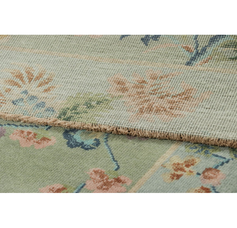 Rug & Kilim’S Chinese Art Deco Runner Rug In Green With Floral Patterns, Runner 3' x 10'