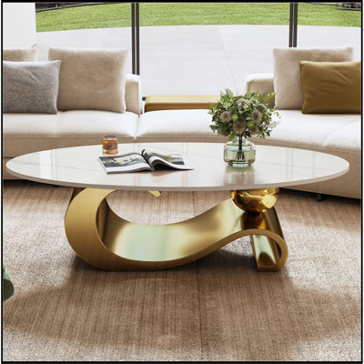 Table basse ovale en faux marbre de 49,2 po, base contemporaine en acier inoxydable doré, table centrale moderne pour le salon