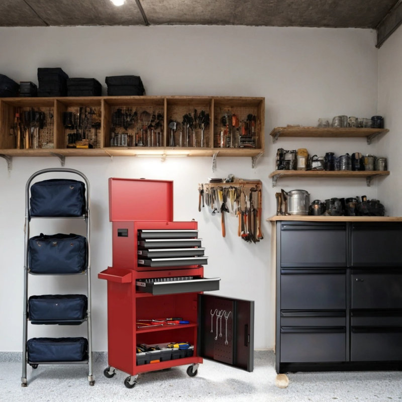 Boîte à outils roulante à 5 tiroirs - Boîte supérieure amovible, roulettes verrouillables et tablette réglable, acier laminé à froid pour le garage