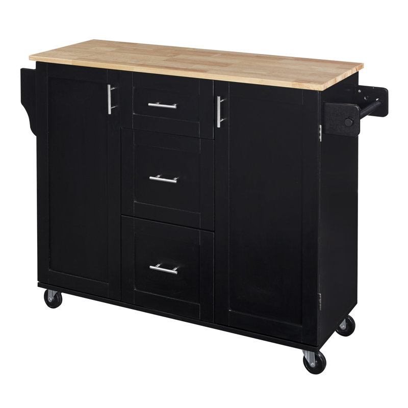 50" Rolling Kitchen Island Cart With Rubber Wood Top, 3 Drawers, Slide-Out Shelves, Internal Storage Racks, Spice & Towel Rack, Locking Wheels