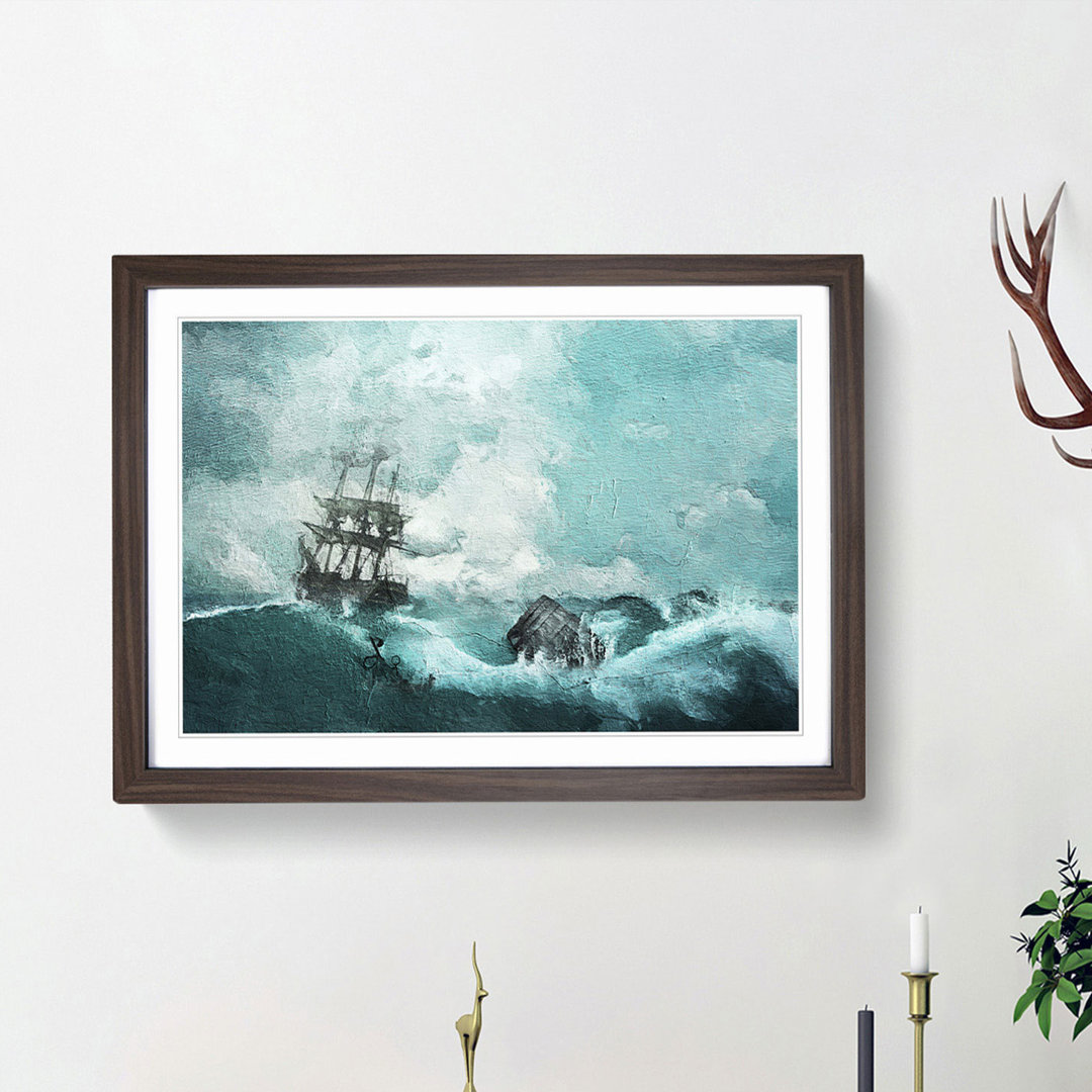 Pirate Ship Sailing Upon a Stormy Sea - Picture Frame Painting Print